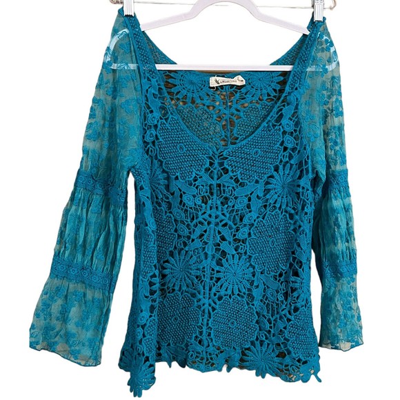 Origami Tops - Origami  Womens Blouse Top Lace Knit Long Sleeve Blue Teal Oversized  Sz M